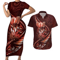 Personalised All Red New Zealand Darts Couples Matching Short Sleeve Bodycon Dress and Hawaiian Shirt Aoteroa Fern Maori Galaxy Style LT14 Red - Polynesian Pride