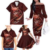 Personalised All Red New Zealand Darts Family Matching Off The Shoulder Long Sleeve Dress and Hawaiian Shirt Aoteroa Fern Maori Galaxy Style LT14 - Polynesian Pride