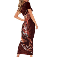 Personalised All Red New Zealand Darts Short Sleeve Bodycon Dress Aoteroa Fern Maori Galaxy Style LT14 - Polynesian Pride