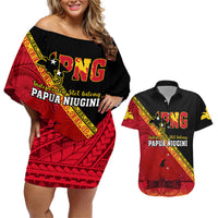 Papua New Guinea Couples Matching Off Shoulder Short Dress and Hawaiian Shirt Independen Stet bilong Papua Niugini Unique Version LT14 Red - Polynesian Pride