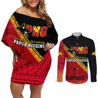 Papua New Guinea Couples Matching Off Shoulder Short Dress and Long Sleeve Button Shirts Independen Stet bilong Papua Niugini Unique Version LT14 Red - Polynesian Pride