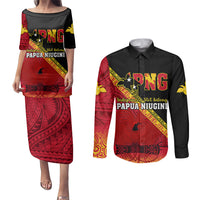 Papua New Guinea Couples Matching Puletasi Dress and Long Sleeve Button Shirts Independen Stet bilong Papua Niugini Unique Version LT14 Red - Polynesian Pride
