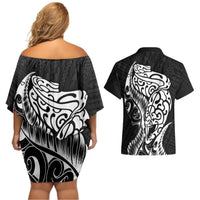 New Zealand Eel Couples Matching Off Shoulder Short Dress and Hawaiian Shirt Tuna Aotearoa Maori Patten - Black LT14 - Polynesian Pride