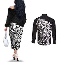 New Zealand Eel Couples Matching Off The Shoulder Long Sleeve Dress and Long Sleeve Button Shirt Tuna Aotearoa Maori Patten - Black LT14 - Polynesian Pride