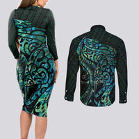 New Zealand Eel Couples Matching Long Sleeve Bodycon Dress and Long Sleeve Button Shirt Tuna Aotearoa Maori With Paua Shell - Turquoise LT14 - Polynesian Pride