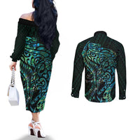 New Zealand Eel Couples Matching Off The Shoulder Long Sleeve Dress and Long Sleeve Button Shirt Tuna Aotearoa Maori With Paua Shell - Turquoise LT14 - Polynesian Pride