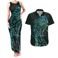 New Zealand Eel Couples Matching Tank Maxi Dress and Hawaiian Shirt Tuna Aotearoa Maori With Paua Shell - Turquoise LT14 Turquoise - Polynesian Pride