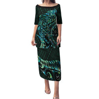 New Zealand Eel Family Matching Puletasi and Hawaiian Shirt Tuna Aotearoa Maori With Paua Shell - Turquoise LT14 Mom's Dress Turquoise - Polynesian Pride