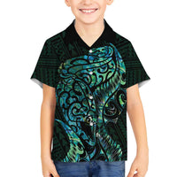 New Zealand Eel Family Matching Puletasi and Hawaiian Shirt Tuna Aotearoa Maori With Paua Shell - Turquoise LT14 Son's Shirt Turquoise - Polynesian Pride