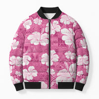 Pink Bula Fiji Masi Hibiscus Seamless Bomber Puffer Jacket