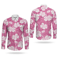Pink Bula Fiji Masi Hibiscus Seamless Couples Matching Off Shoulder Short Dress and Long Sleeve Button Shirt