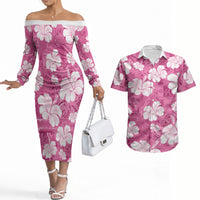 Pink Bula Fiji Masi Hibiscus Seamless Couples Matching Off The Shoulder Long Sleeve Dress and Hawaiian Shirt