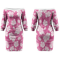 Pink Bula Fiji Masi Hibiscus Seamless Couples Matching Off The Shoulder Long Sleeve Dress and Hawaiian Shirt