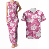 Pink Bula Fiji Masi Hibiscus Seamless Couples Matching Tank Maxi Dress and Hawaiian Shirt