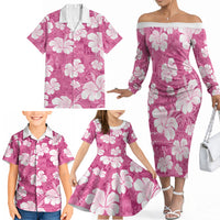 Pink Bula Fiji Masi Hibiscus Seamless Family Matching Off The Shoulder Long Sleeve Dress and Hawaiian Shirt