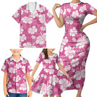 Pink Bula Fiji Masi Hibiscus Seamless Family Matching Short Sleeve Bodycon Dress and Hawaiian Shirt