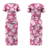 Pink Bula Fiji Masi Hibiscus Seamless Family Matching Short Sleeve Bodycon Dress and Hawaiian Shirt