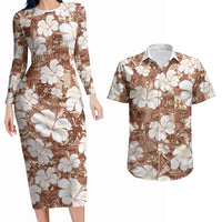Brown Bula Fiji Masi Hibiscus Seamless Couples Matching Long Sleeve Bodycon Dress and Hawaiian Shirt