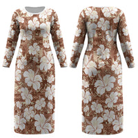 Brown Bula Fiji Masi Hibiscus Seamless Couples Matching Long Sleeve Bodycon Dress and Hawaiian Shirt