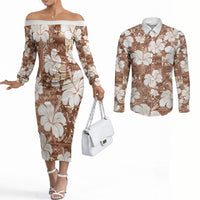 Brown Bula Fiji Masi Hibiscus Seamless Couples Matching Off The Shoulder Long Sleeve Dress and Long Sleeve Button Shirt