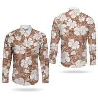 Brown Bula Fiji Masi Hibiscus Seamless Couples Matching Off The Shoulder Long Sleeve Dress and Long Sleeve Button Shirt