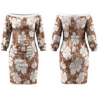 Brown Bula Fiji Masi Hibiscus Seamless Couples Matching Off The Shoulder Long Sleeve Dress and Long Sleeve Button Shirt