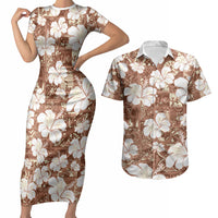 Brown Bula Fiji Masi Hibiscus Seamless Couples Matching Short Sleeve Bodycon Dress and Hawaiian Shirt
