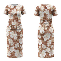Brown Bula Fiji Masi Hibiscus Seamless Couples Matching Short Sleeve Bodycon Dress and Hawaiian Shirt