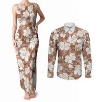 Brown Bula Fiji Masi Hibiscus Seamless Couples Matching Tank Maxi Dress and Long Sleeve Button Shirt