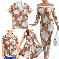 Brown Bula Fiji Masi Hibiscus Seamless Family Matching Off The Shoulder Long Sleeve Dress and Hawaiian Shirt
