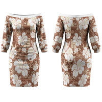 Brown Bula Fiji Masi Hibiscus Seamless Family Matching Off The Shoulder Long Sleeve Dress and Hawaiian Shirt