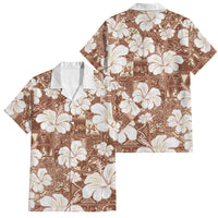 Brown Bula Fiji Masi Hibiscus Seamless Family Matching Off The Shoulder Long Sleeve Dress and Hawaiian Shirt