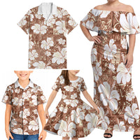 Brown Bula Fiji Masi Hibiscus Seamless Family Matching Off Shoulder Maxi Dress and Hawaiian Shirt