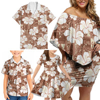 Brown Bula Fiji Masi Hibiscus Seamless Family Matching Off Shoulder Short Dress and Hawaiian Shirt