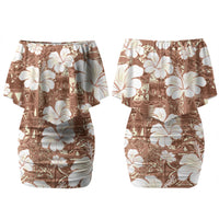 Brown Bula Fiji Masi Hibiscus Seamless Family Matching Off Shoulder Short Dress and Hawaiian Shirt
