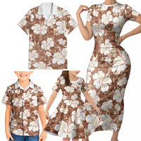 Brown Bula Fiji Masi Hibiscus Seamless Family Matching Short Sleeve Bodycon Dress and Hawaiian Shirt