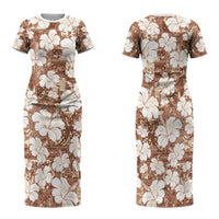 Brown Bula Fiji Masi Hibiscus Seamless Family Matching Short Sleeve Bodycon Dress and Hawaiian Shirt