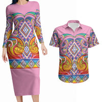 Rainbow Ngaru Taniko With Aotearoa Maori Tattoo Couples Matching Long Sleeve Bodycon Dress and Hawaiian Shirt