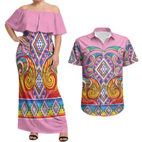 Rainbow Ngaru Taniko With Aotearoa Maori Tattoo Couples Matching Off Shoulder Maxi Dress and Hawaiian Shirt