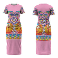 Rainbow Ngaru Taniko With Aotearoa Maori Tattoo Family Matching Short Sleeve Bodycon Dress and Hawaiian Shirt