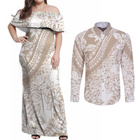 Polynesia Couples Matching Off Shoulder Maxi Dress and Long Sleeve Button Shirts Polynesian Tropical Flowers Beige Pastel Vibes LT14 Beige - Polynesian Pride