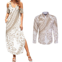 Polynesia Couples Matching Summer Maxi Dress and Long Sleeve Button Shirts Polynesian Tropical Flowers Beige Pastel Vibes LT14 Beige - Polynesian Pride