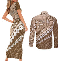 Beige Bula Fiji Couples Matching Short Sleeve Bodycon Dress and Long Sleeve Button Shirt Fijian Language Week Tapa Cloth - Pastel