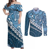 Blue Bula Fiji Couples Matching Off Shoulder Maxi Dress and Long Sleeve Button Shirt Fijian Language Week Tapa Cloth - Pastel