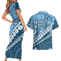 Blue Bula Fiji Couples Matching Short Sleeve Bodycon Dress and Hawaiian Shirt Fijian Language Week Tapa Cloth - Pastel