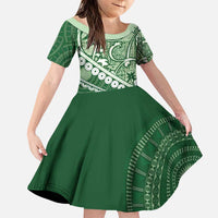 Green Bula Fiji Family Matching Puletasi and Hawaiian Shirt Fijian Language Week Tapa Cloth - Pastel LT14 Daughter's Dress Green - Polynesian Pride