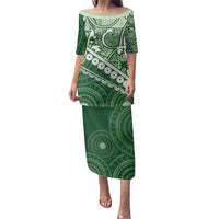 Green Bula Fiji Family Matching Puletasi and Hawaiian Shirt Fijian Language Week Tapa Cloth - Pastel LT14 Mom's Dress Green - Polynesian Pride