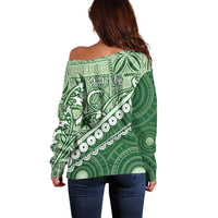 Green Bula Fiji Off Shoulder Sweater Fijian Language Week Tapa Cloth - Pastel LT14 - Polynesian Pride