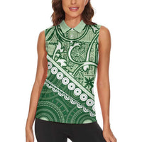 Green Bula Fiji Women Sleeveless Polo Shirt Fijian Language Week Tapa Cloth - Pastel LT14 - Polynesian Pride