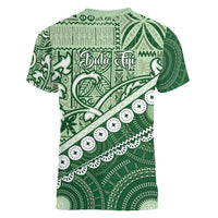 Green Bula Fiji Women V-Neck T-Shirt Fijian Language Week Tapa Cloth - Pastel